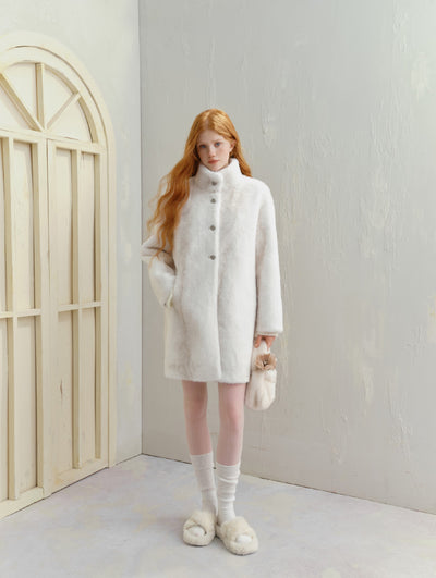 White Cross Half High Collar Eco-friendly Fur Long Coat SAL0089