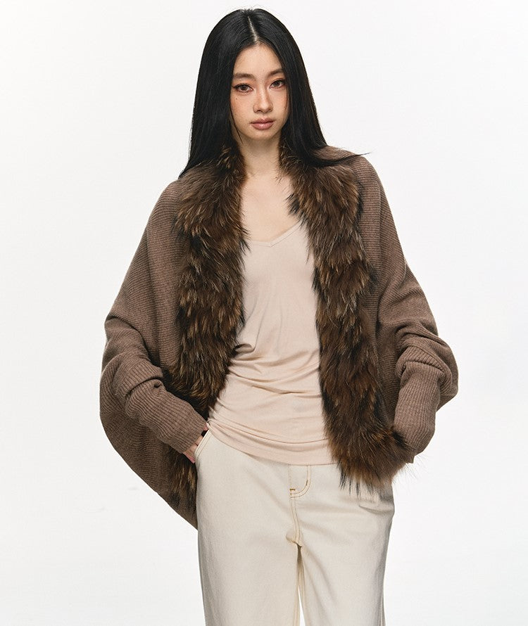 Fur Collar Patchwork Knitted Cardigan ANA0109