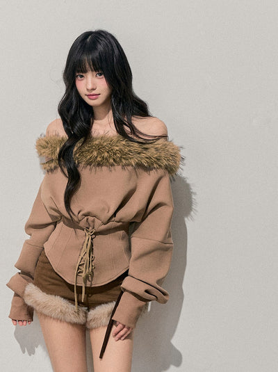 Fur Off-Shoulder Lace-up Waist T-Shirt DIA0744