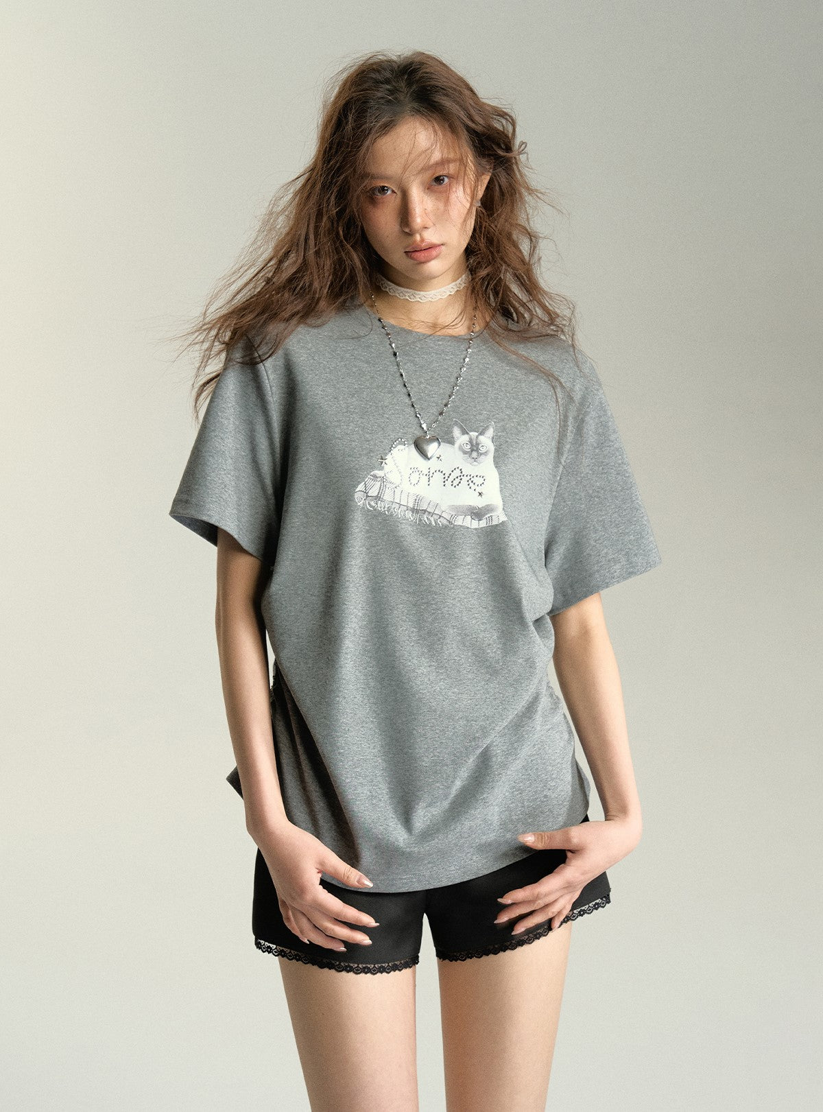 Lazy Cat Drawstring Short-sleeved T-shirt SOM0033