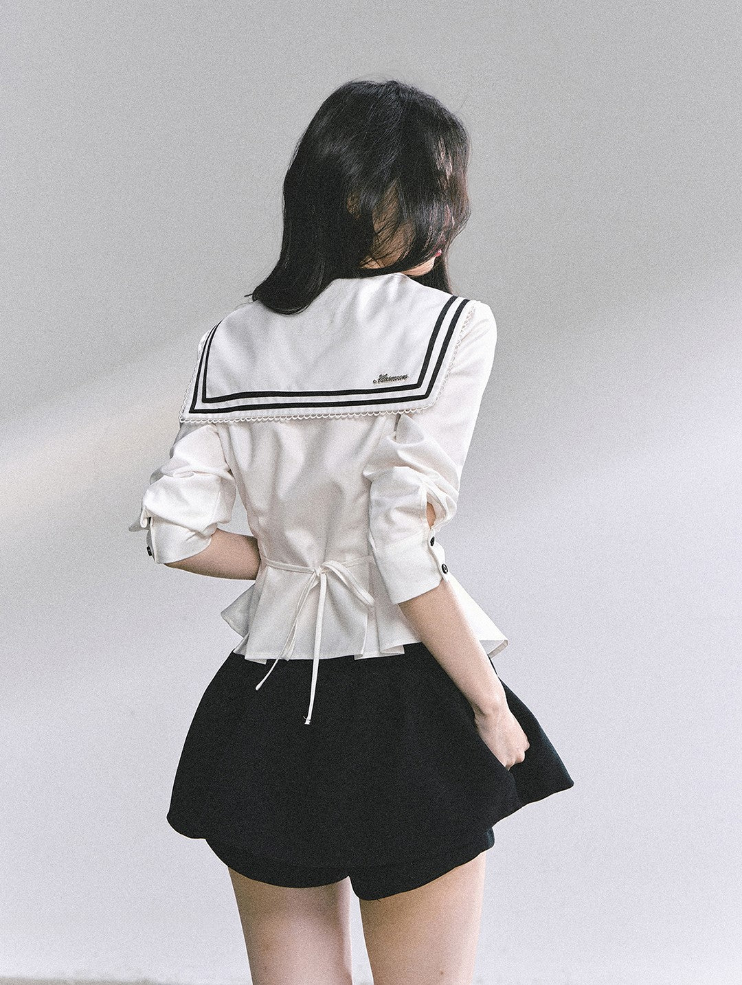 Lace Bow Navy Collar Shirt DIA0554