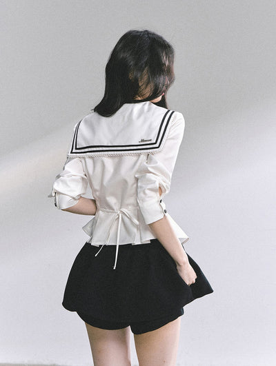 Lace Bow Navy Collar Shirt DIA0554