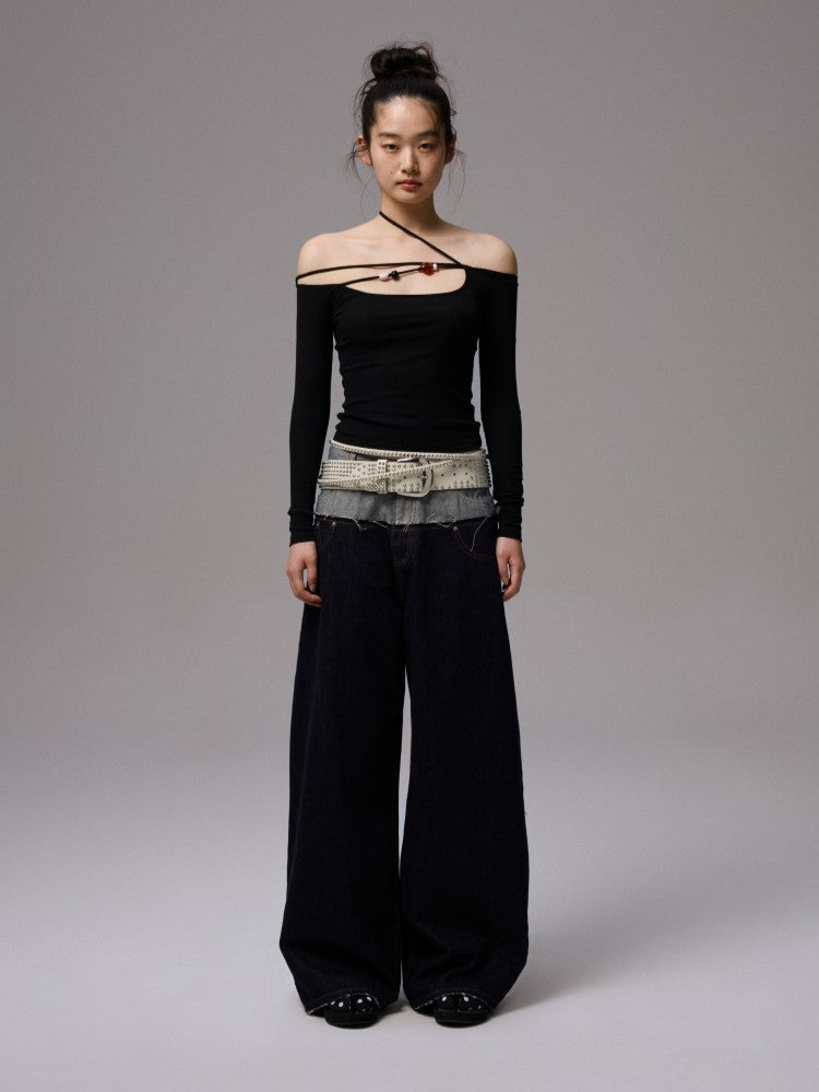 One-shoulder Beaded Strap T-shirt JIN0035