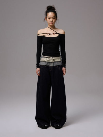One-shoulder Beaded Strap T-shirt JIN0035