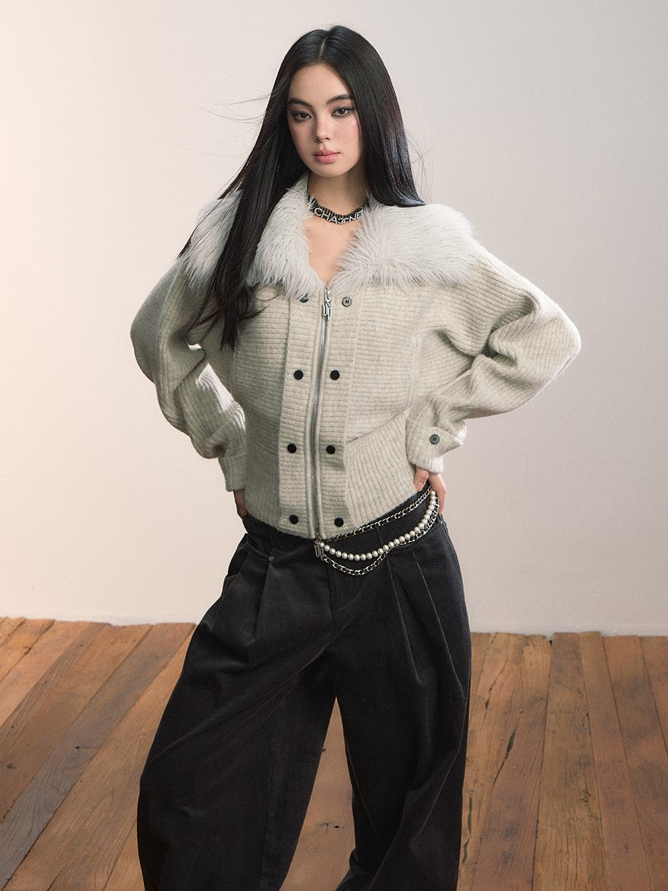 Fur Collar Wide-Sleeve Sweater Cardigan VIA0364
