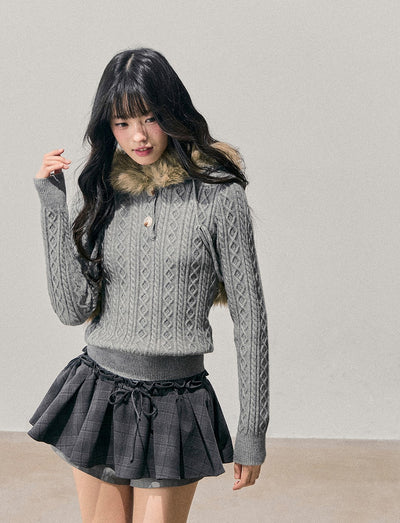 Fur Hooded Cable Knit Sweater DIA0768
