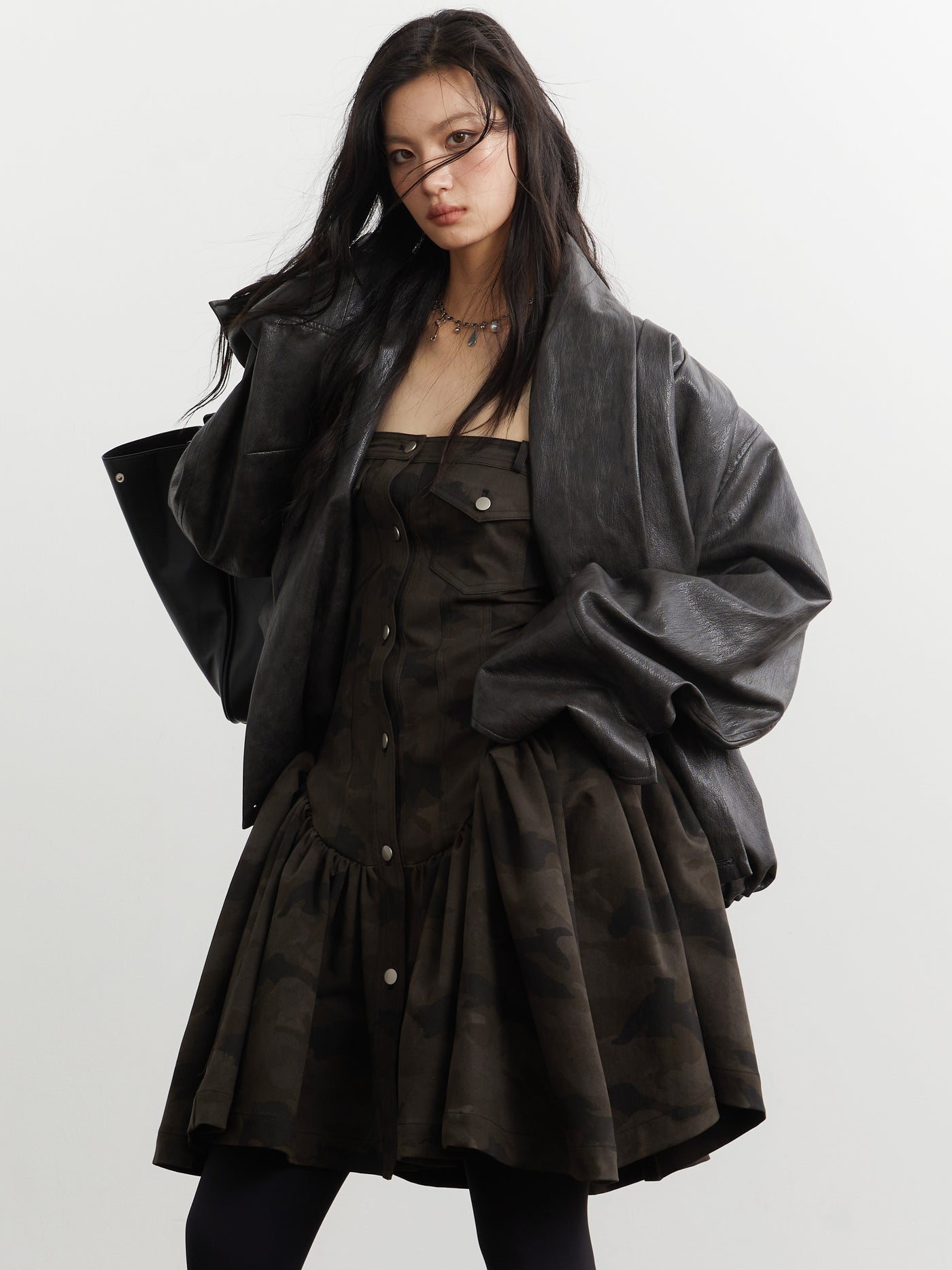 Retro Pleated Silhouette Leather Jacket JNY0255
