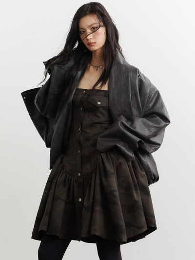 Retro Pleated Silhouette Leather Jacket JNY0255