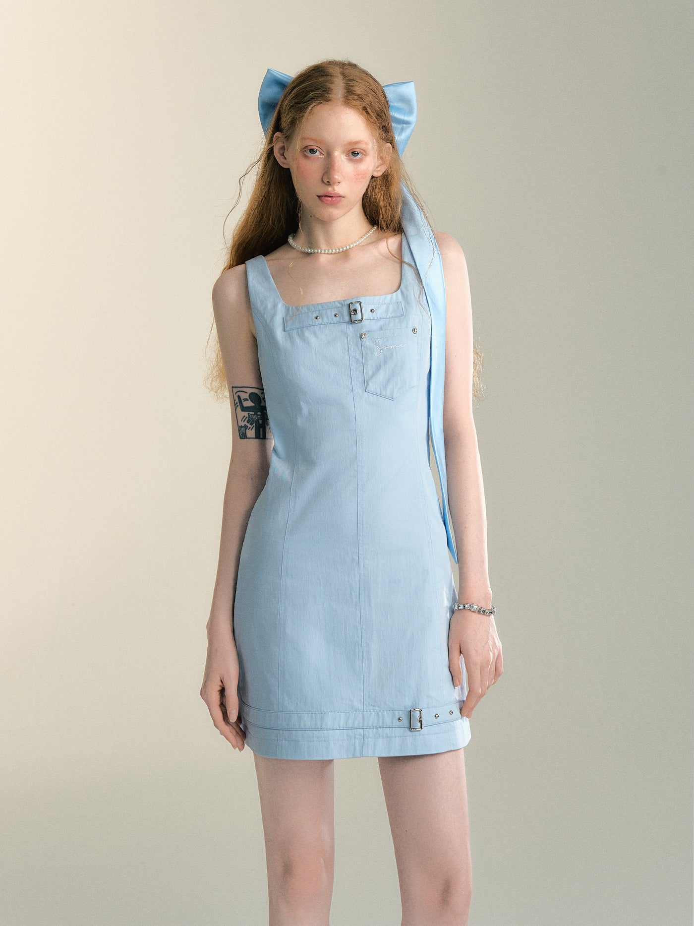 Cream Blue Square Neck Workwear A-Line Dress SOM0025