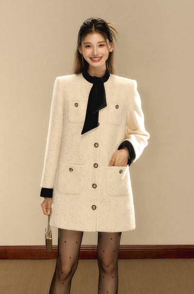 French Style High-end Bow Gold Button Contrast Coat OSH0086