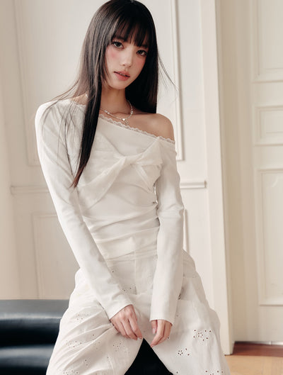 White One-shoulder Lace Twist T-shirt FRA0431