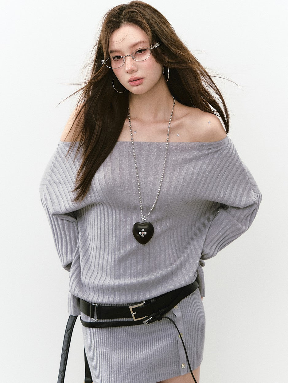 Off Shoulder Button Knitted Dress VIA0267