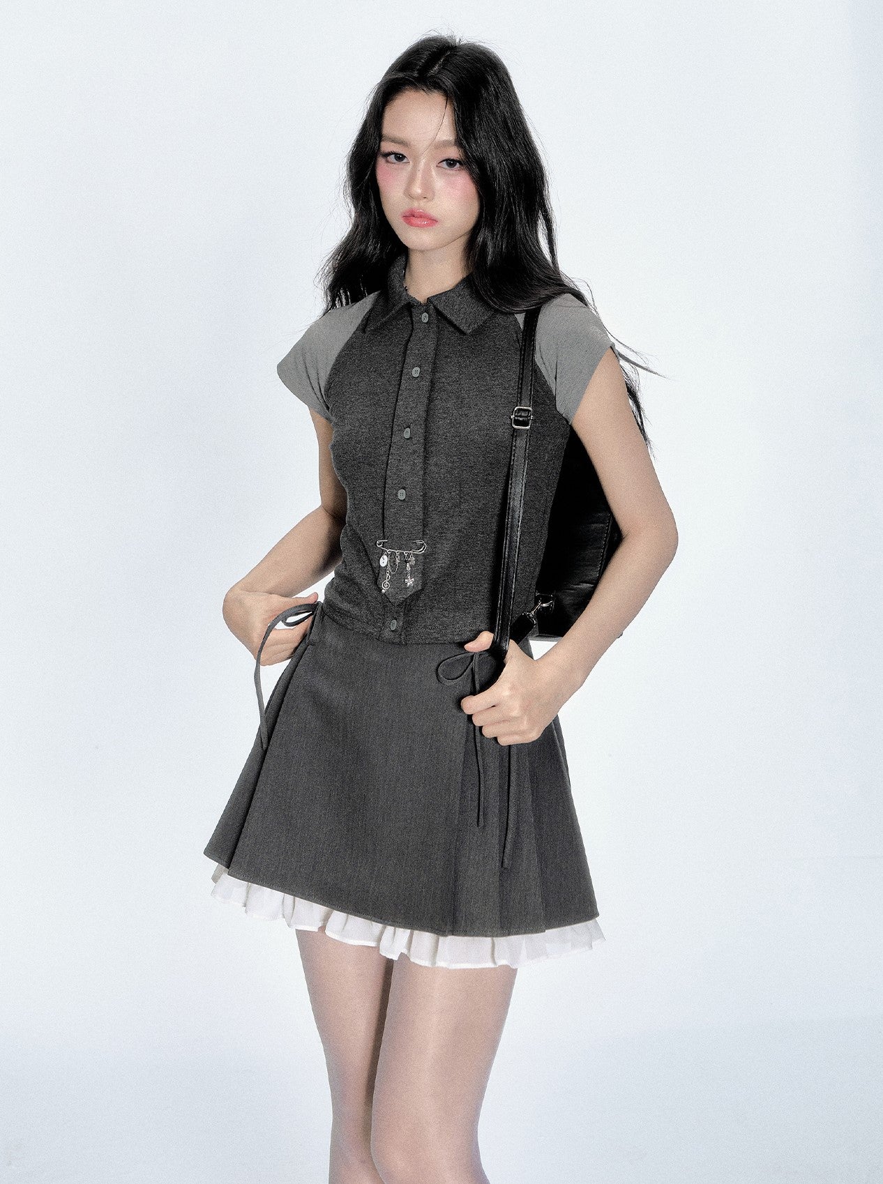 Contrast Color Tie Short Top/Skirt FRA0349
