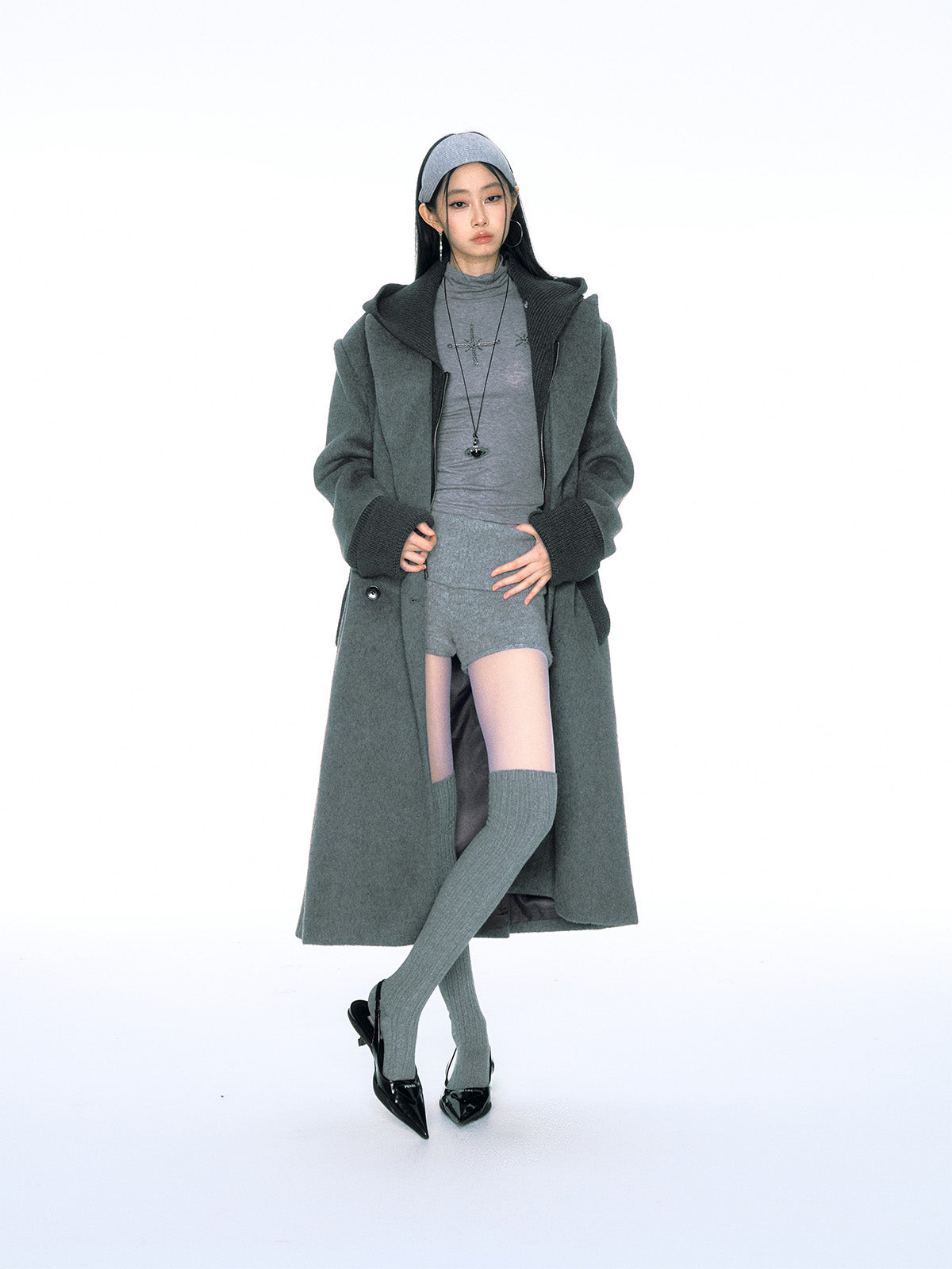 Retro Fake Two-piece Ribbed Splicing Removable Hooded Wool Coat CUR0155