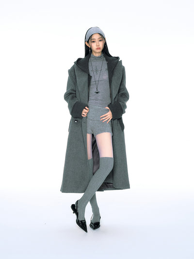 Retro Fake Two-piece Ribbed Splicing Removable Hooded Wool Coat CUR0155