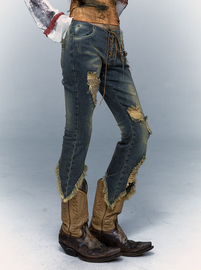 Retro Punk Patchwork Lace Ripped Cropped Flared Jeans NOR0069