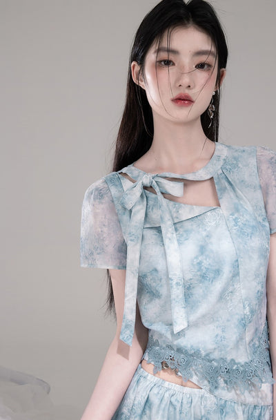 Blue Bow Collar Shirt+Irregular Skirt COT0316
