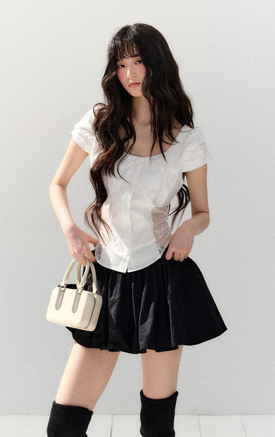 White Lace Puff Sleeve Shirt/Skirt SHI0139