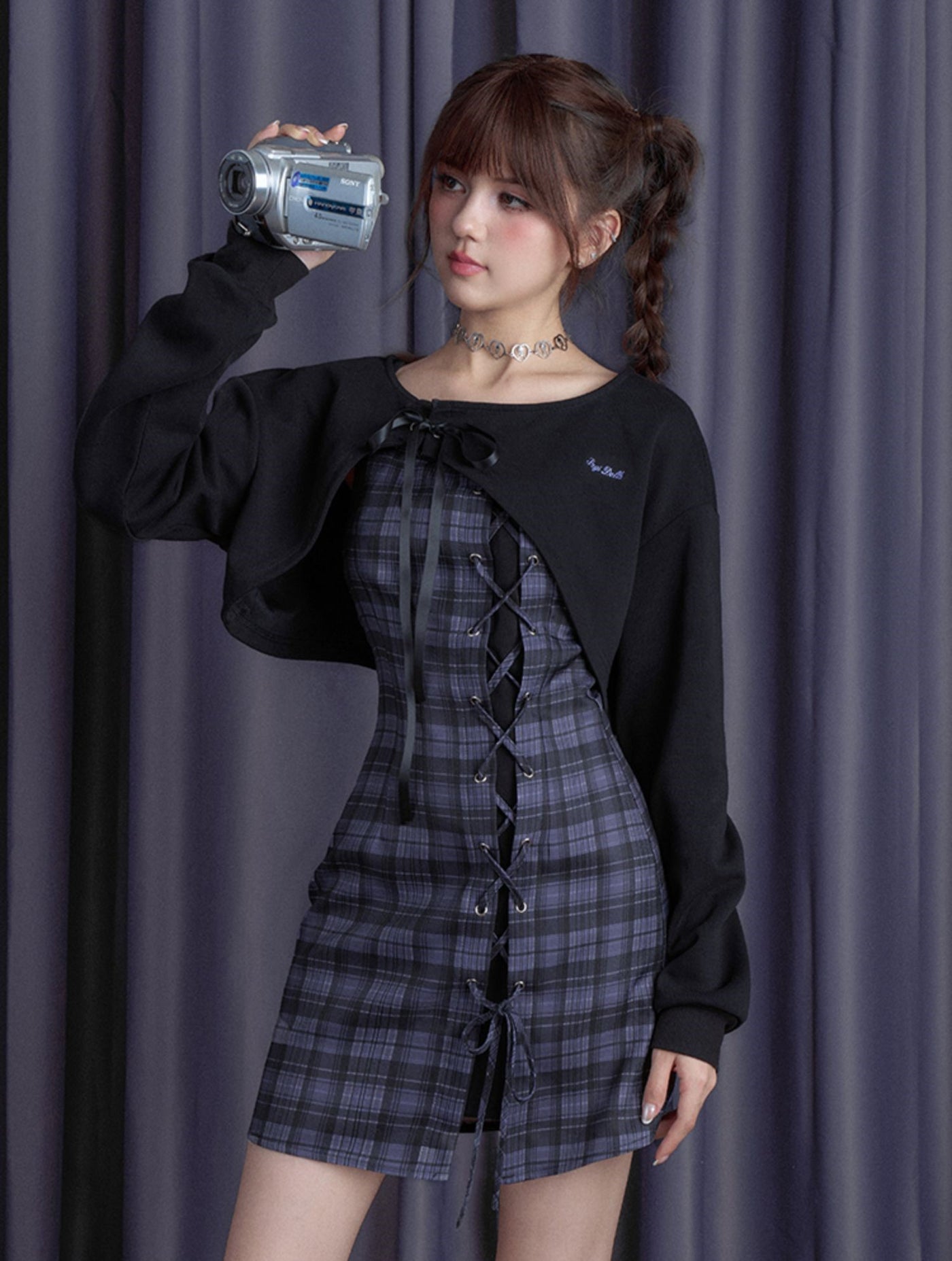 Blueberry Purple Checkered Dress/Black Short Cardigan SAG0193