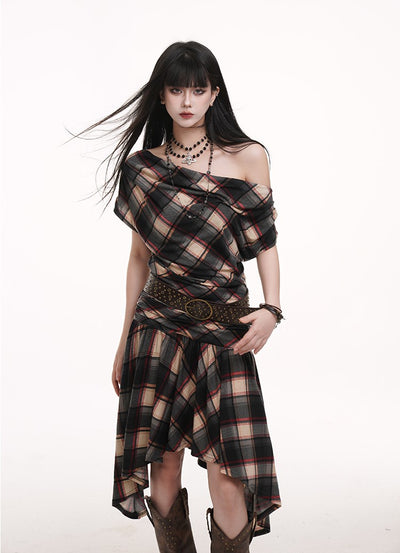 Off-shoulder Plaid Dress LAD0183