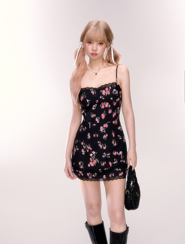 Lace Black Floral Suspender Dress/Red Cardigan QDQ0066