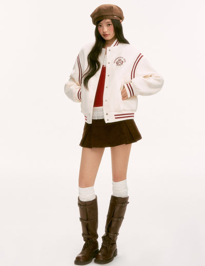 White Color-Blocked Wool Baseball Jacket WEE0125