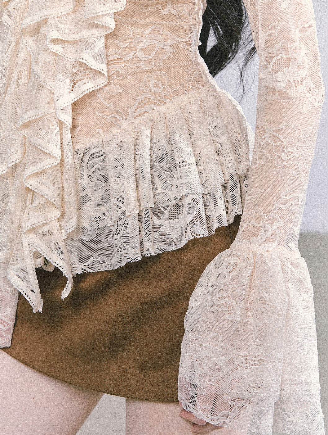 Lace Hollow Ruffled Long Sleeve Shirt DIA0588