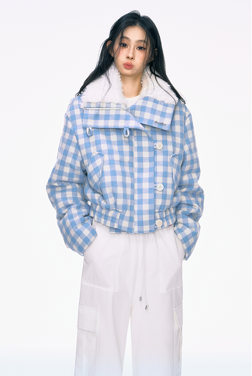 Fur Collar Blue Plaid Lapel Short Cotton Jacket PUN0032