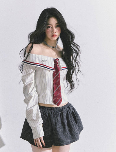 One-shoulder Long-sleeved Striped Shirt DIA0595