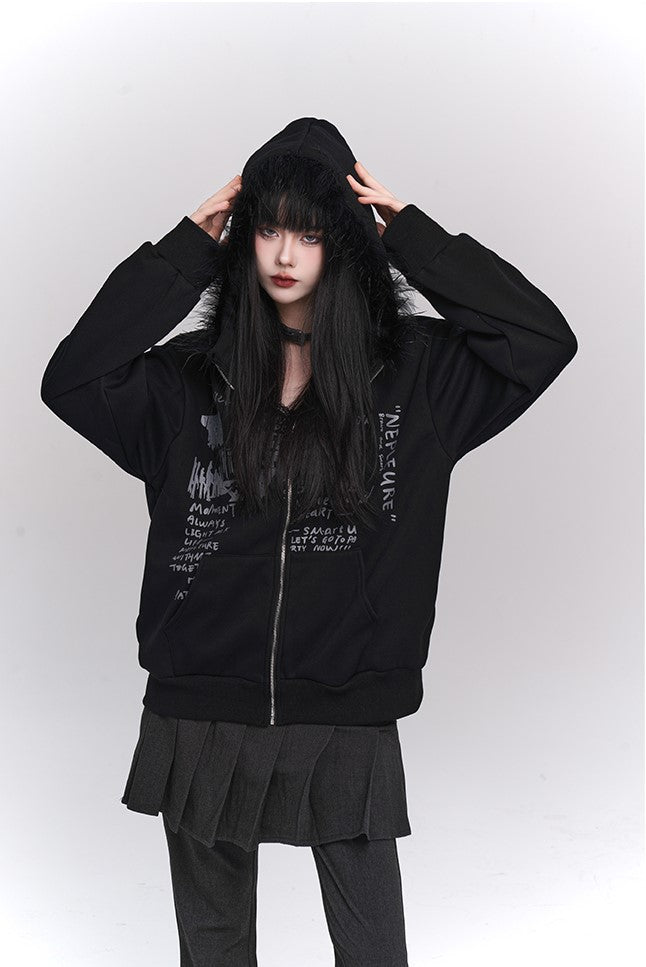 Black Velvet Sweatshirt Hooded Jacket LAD0119