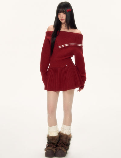 Irregular Navy Collar Off-shoulder Knit Dress WEE0095