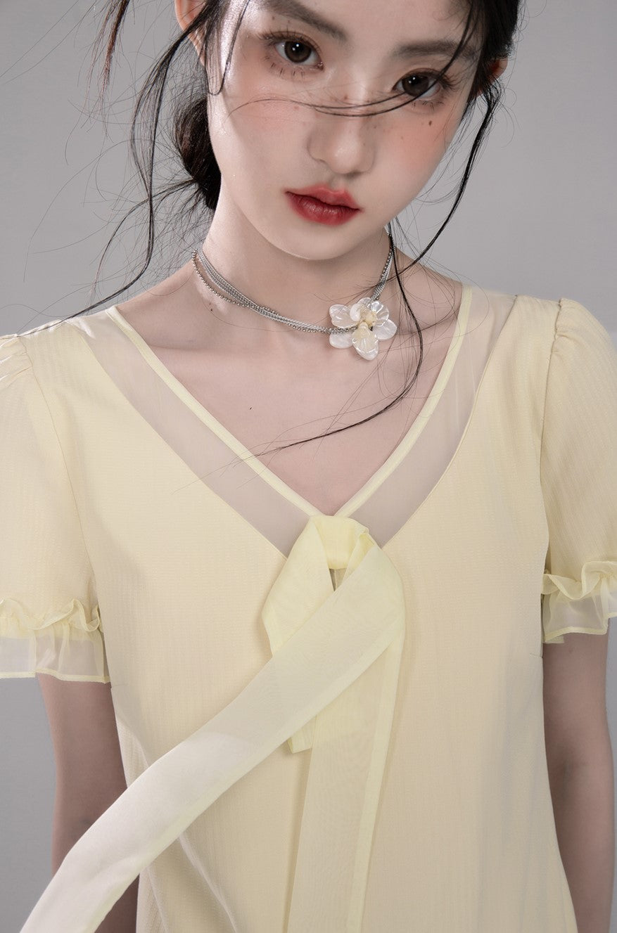 Honey Yellow Pleated Mesh Dress COT0321