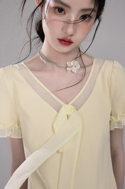 Honey Yellow Pleated Mesh Dress COT0321