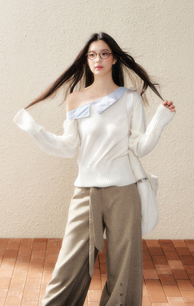 White Oblique Shoulder Shirt Sweater SHI0188