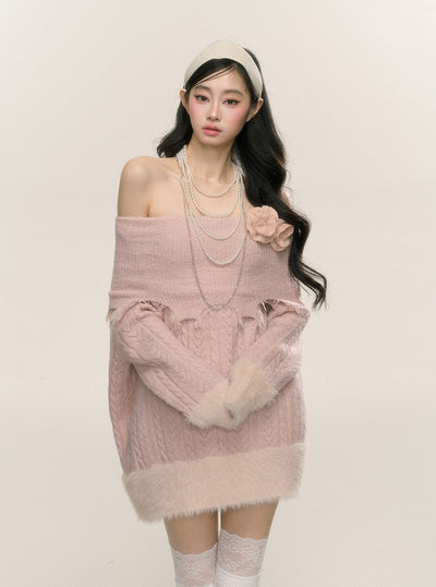 Misty Powder Style One Shoulder Knitted Short Dress DIA0239