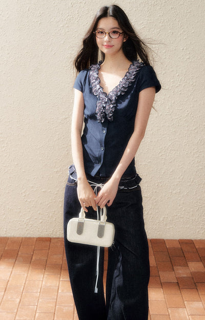 Navy Lace Short-sleeved T-shirt SHI0182