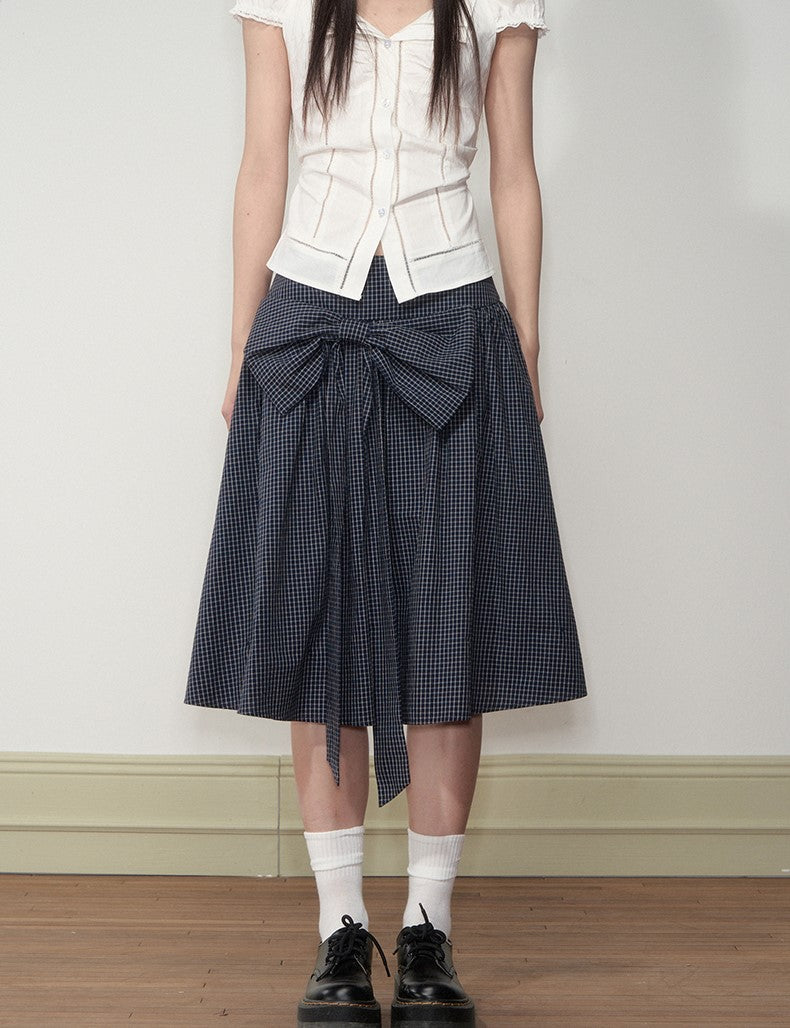 Navy Blue Plaid Bow Midi Skirt SOO0003
