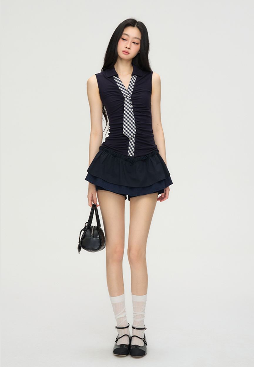 Plaid Tie Slim Sleeveless Shirt PUN0061