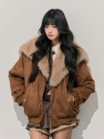 Brown Quilted Thick Detachable Fur Collar Jacket DIA0743