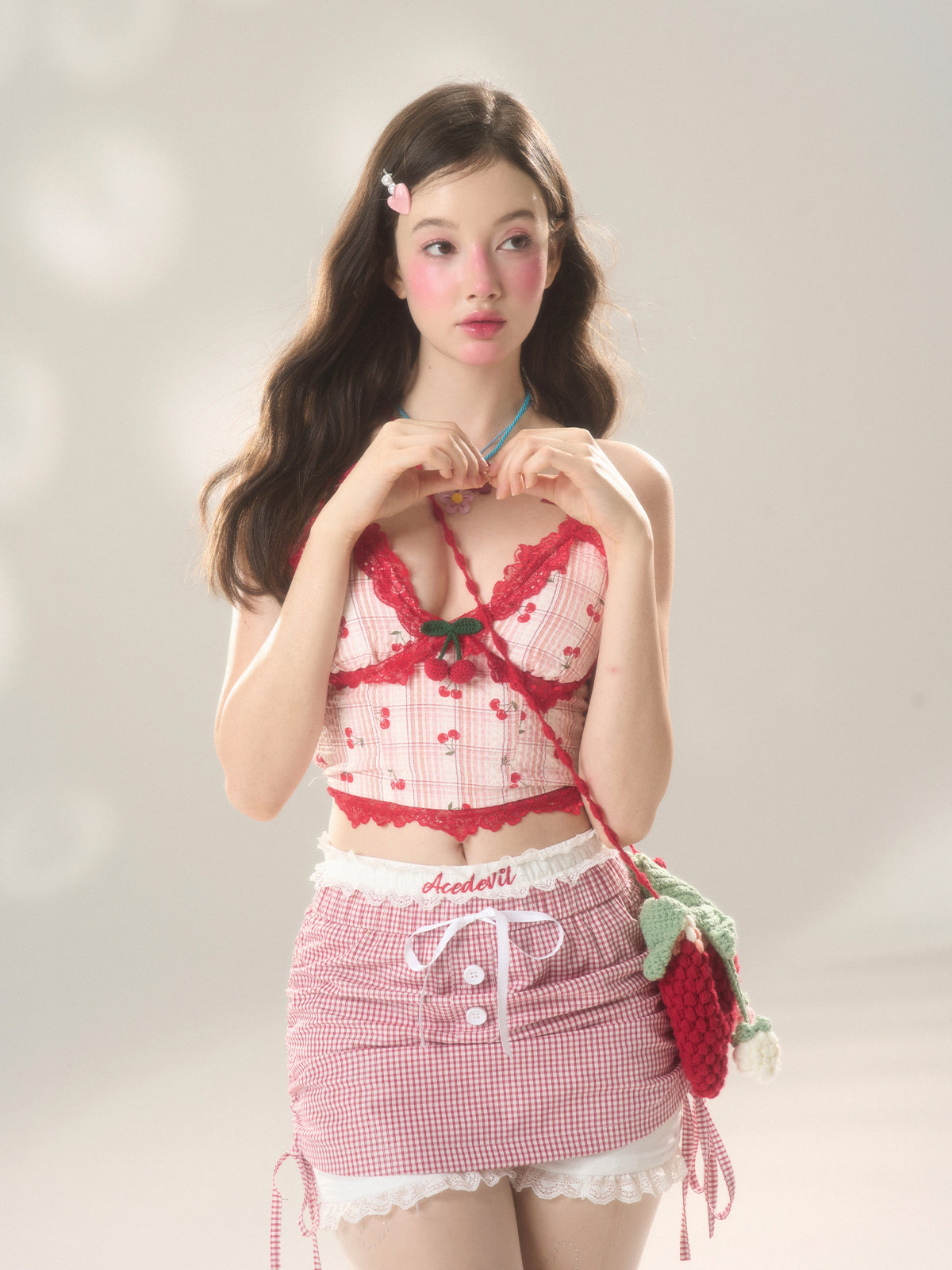 Cherry White Tea Pink Lace Camisole/Short Skirt Pants DIA0193