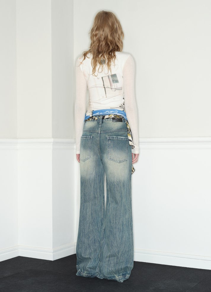 Low-waisted Loose Straight Ripped Blue Jeans RUN0035