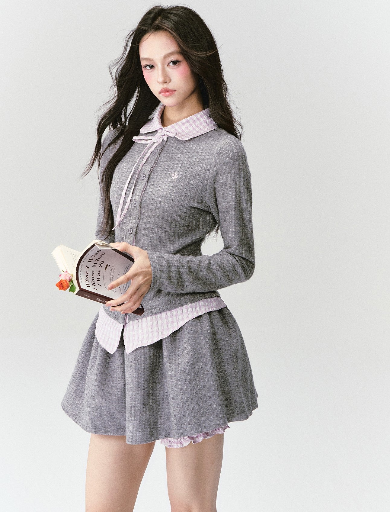 Plaid Collar Knitted Top/Skirt FRA0418