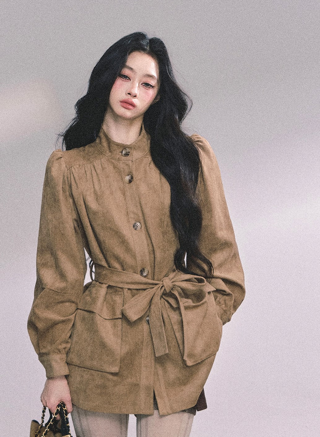 Coffee Brown Suede Stand Collar Jacket DIA0609