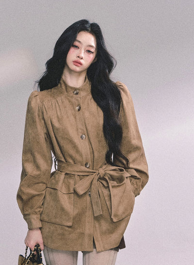 Coffee Brown Suede Stand Collar Jacket DIA0609