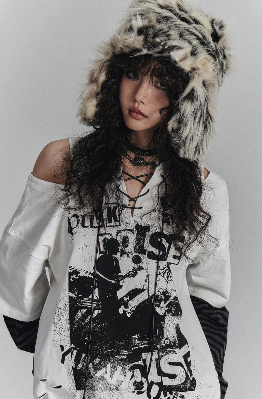 Punk Splicing Striped V-neck T-shirt KIN0133