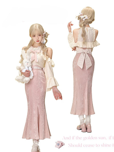 Off-shoulder Ruffled Top/Pink Skirt SER0135