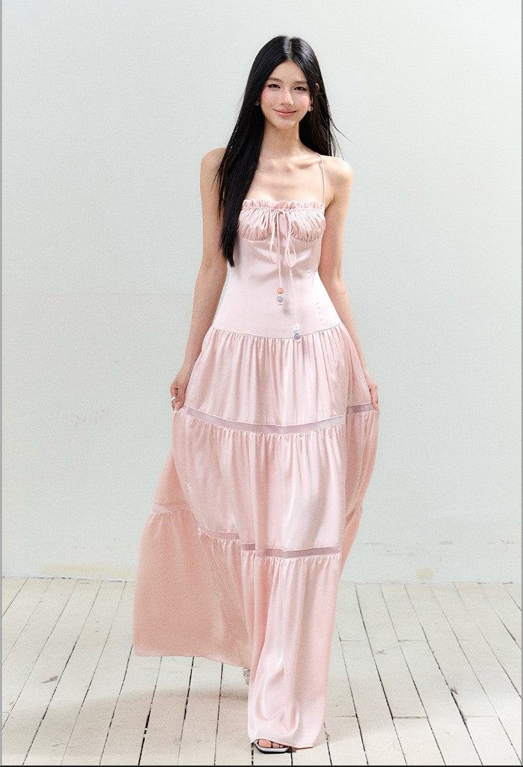 Satin Pleated Lace-up Suspender Dress AGM0150