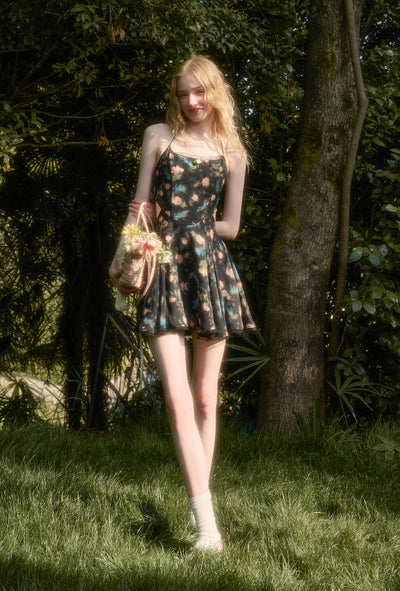 Lace Bowknot Black Printed Dress GRO0157