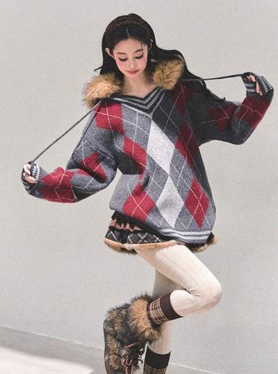 American Preppy Style Fur-Collar Argyle Sweater DIA0696