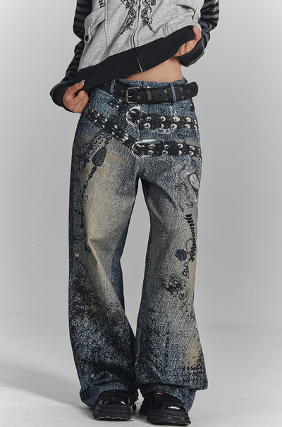 Chain Digital Print Wide-leg Jeans KIN0132